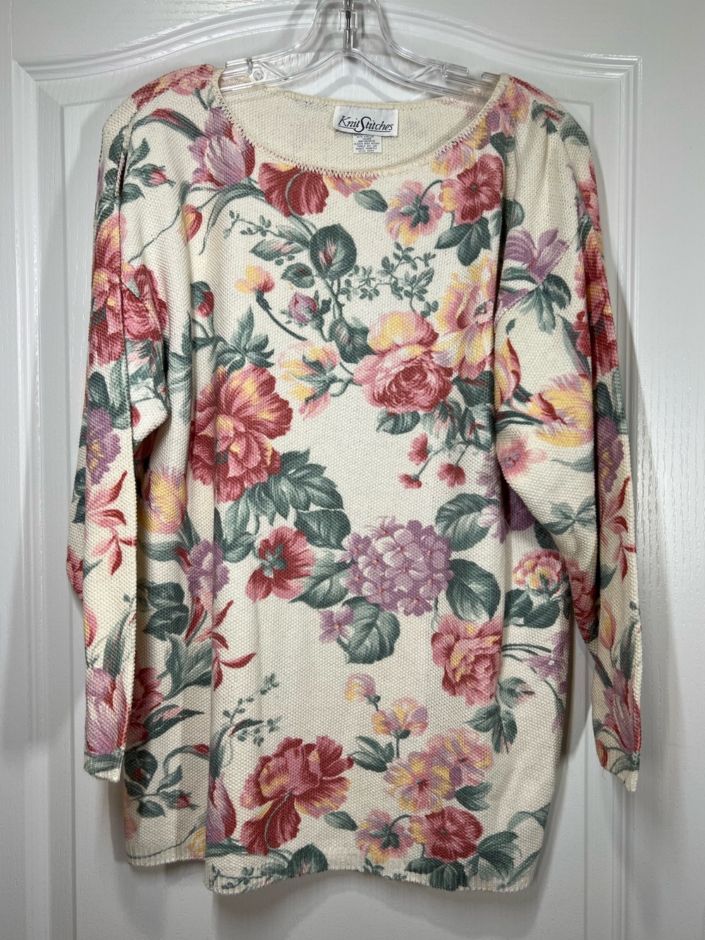 Knit Stitches Vintage 90s Floral Waffle Knit Long Sleeve Sweater Ladies Size XL